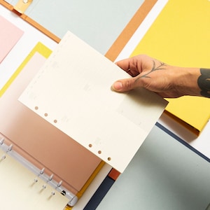 Può includere: Un foglio di carta bianco, vuoto, con sei fori perforati sul lato sinistro. Il foglio è tenuto da una mano con un tatuaggio. Il foglio è appoggiato su una varietà di carte colorate, tra cui giallo, blu, rosa e verde.