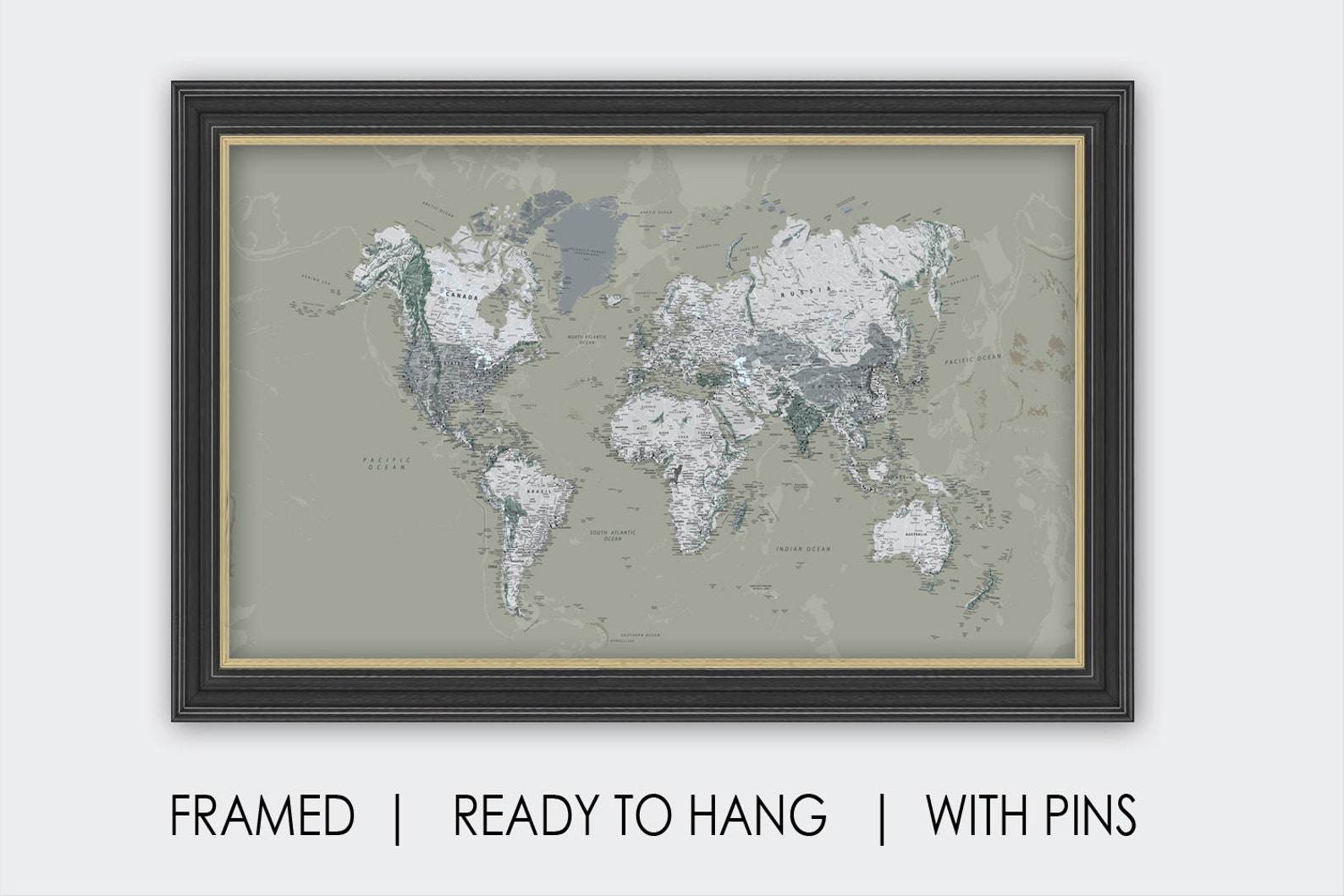 personalized world travel map with pins and frame