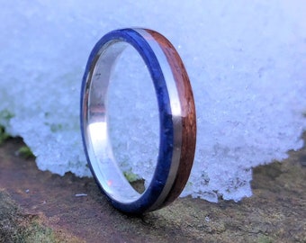 Mahogany bentwood ring with Stirling Silver core and inlay with Lapis Lazuli band