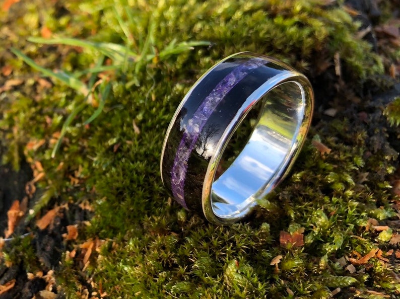 Sterling silver Ebony bent wood ring with Amethyst inlay