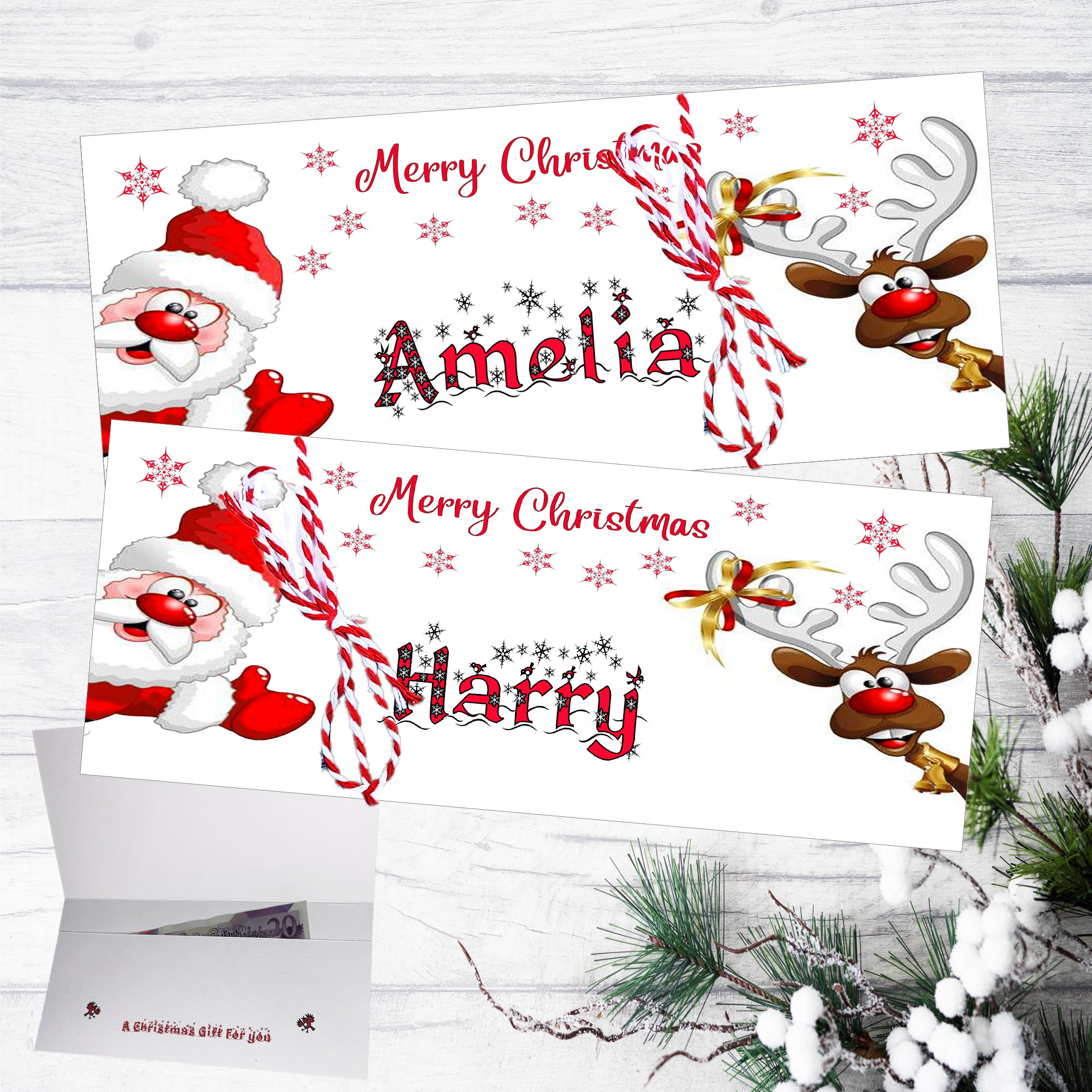 Personalised Christmas Money Voucher Wallet Any name can be added,  Santa & Reindeer