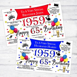 Personalised 65th Birthday 1959 Facts of the Year Card Husband Dad Granddad Brother etc Any Role personalised Red or Blue