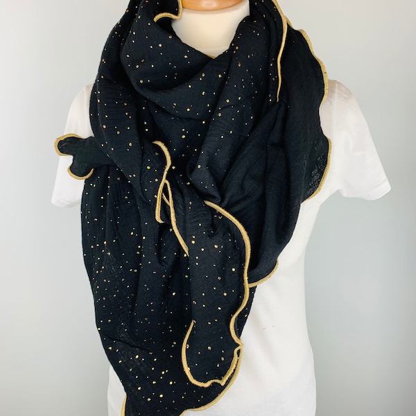 Schal aus Baumwolle in schwarz mit goldenen Tropfen und goldenem Saum