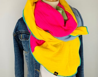 XXL scarf made of cotton muslin in yellow, pink, light green and blue