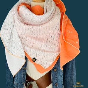 Écharpe XXL en coton abricot à motifs et blanche à paillettes