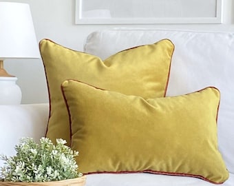 Mustard Color Velvet Pillow, Velvet Throw Pillow Cover Any Size, Zipper Velvet Cushion Cover, 30 color piping options (Only Cover)