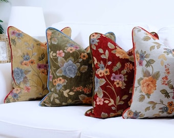 Housse de coussin décorative vintage tapisserie florale, housse de coussin décorative de luxe avec passepoil, 30 options de passepoil de couleur (housse uniquement)