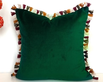 Dark Green Tasseled Velvet Pillow Cover, Green Throw Pillow, Various Options for Decorative Pillows, Touch Pillows, Cushions, Sofa Pillow