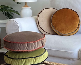 Round Pillows, 30 color pillows, Cover and Insert, Customizable Piping Colors, Velvet round chair pad Cushion, Round Floor Cushion