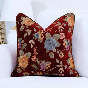 Burgundy Chenille Pillow Cover: Floral Piping Accent