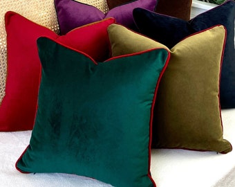 Colorful Pillow Cases, Velvet Throw Pillow Cover Any Size, Washable Velvet Pillow Cover, 30 Colors Piping Options (Only Cover)