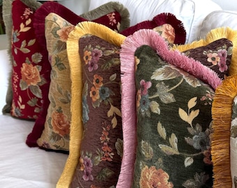 Vintage Floral Pillow Cover with Fringe, Chenille Tapestry Cushion, Double Sided, Cottagecore English Cottage Decor, Gift for Her