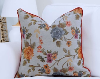 Housses de coussin à fleurs, housse de coussin décorative de luxe avec passepoil, 30 couleurs de passepoil au choix (housse uniquement)