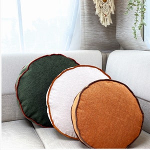 Linen Round Pillows, 17 color pillows, Cover and Insert, Customizable Piping Colors, Linen round chair pad Cushion, Round Floor Cushion