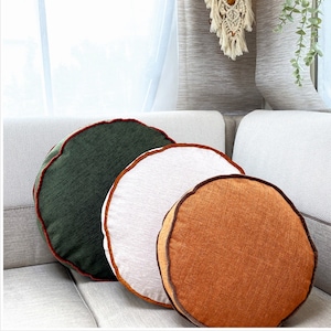 Linen Round Pillows, 17 color pillows, Cover and Insert, Customizable Piping Colors, Linen round chair pad Cushion, Round Floor Cushion