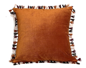 Rust Velvet Tasseled Pillow Case, Rust Throw Pillow, Various Options for Decorative Pillows, Cushions, Sofa Pillow (Only Cover)