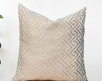 Beige Color Decorative Pillow Covers, Designer Fabric Geometric Key Pattern, Luxury Design Chenille Fabric Throw Pillows, (Only Cover) 20x20