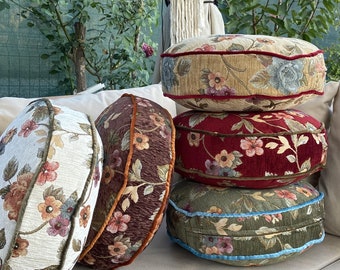 Vintage Design Ornate Floral Tapestry Round Pillows, Handmade Round Design Pillow, Pillow inserts included, 10" 12" 14" 16" 18" 20" sizes,
