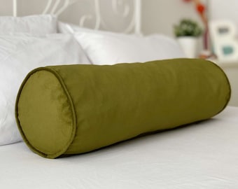 Green Velvet Bolster Pillow Cover, Velvet Bolster Pillows in 30 different colors and sizes, Sofa Bolster, 7 inch diameter (Only Cover)