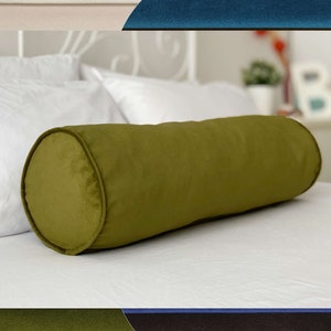Green Velvet Bolster Pillow Cover, Velvet Bolster Pillows in 30 different colors and sizes, Sofa Bolster, 7 inch diameter (Only Cover)