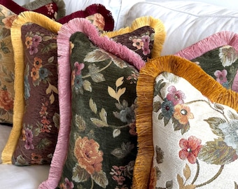 Fringe Pillow Cover in 5 Colors, Floral Tapestry Throw Pillow with Contrast Brush Fringe, Double Sided Chenille, Maximalist Decor