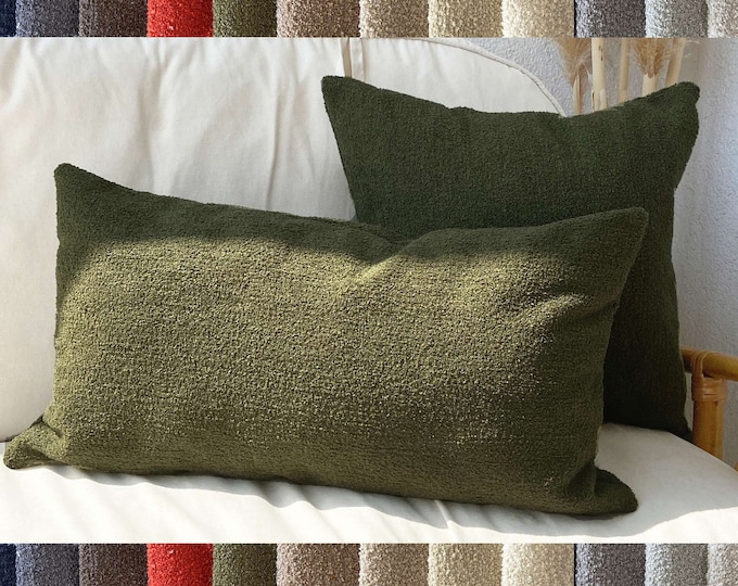 Featured listing image: Pine Green Boucle Fabric Pillow Covers, Boucle Throw Pillow Cover, Puffy Boucle Pillow Cover, Boucle Pillow Lumbar,  20x20, 12x24, 18x18,