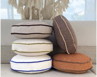 Linen Round Pillows, 17 color pillows, Cover and Insert, Customizable Piping Colors, Linen round chair pad Cushion, Round Floor Cushion