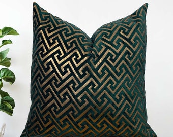 Dark Green Decorative Pillow Covers, Geometric Key Pattern Throws, Luxury Design Chenille Fabric Throw Pillows, (Only Cover) 20x20