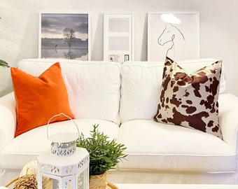 Orange Throw Pillow and Brown Cow Pillow Set, Decorative 18x18 Velvet Throw Pillow, cowhide pillows on couch 20x20, (Only Cover)