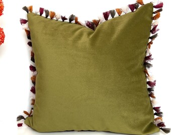 Olive Green Tasseled Velvet Pillow Case, Olive Throw Pillow, Various Options for Decorative Pillows, Touch Pillows, Cushions, Sofa Pillow