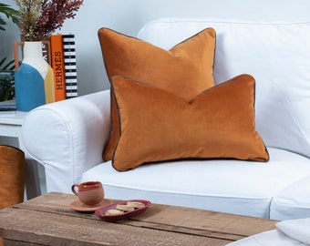 Brunt Orange velvet cushion cover with piping, Lumbar pillow Cover with any color piping, Personalized pillow covers (Only Cover)18x18 12x20