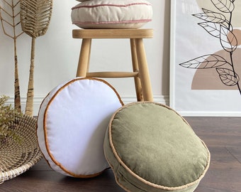 Round Pillows, 30 color pillows, Cover and Insert, Customizable Piping Colors, Velvet round chair pad Cushion, Round Floor Cushion