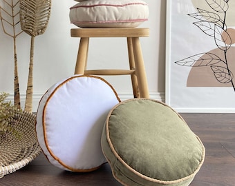 Round Pillows, 30 color pillows, Cover and Insert, Customizable Piping Colors, Velvet round chair pad Cushion, Round Floor Cushion