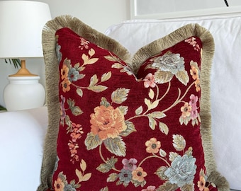 Floral Tapestry Pillow Cover with Brush Fringe, Double Sided Vintage Chenille Throw Pillow, Contrast Fringe, Cottagecore Decor, Custom Size