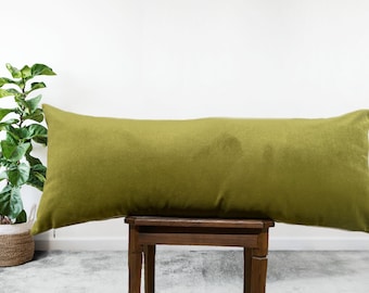 Green Velvet Body Pillow Cushion, Long lumbar pillow cover in custom colour and size, Oversize lumbar pillowcase, (only cover), 14x36, 14x42