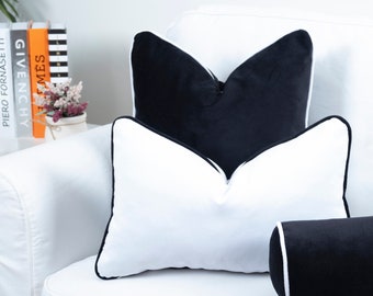 White velvet cushion cover with black contrast piping, Black velvet cushion cover with white contrast piping, Black White Pillow Cover