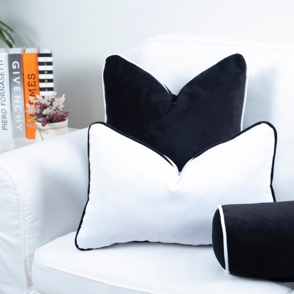 White velvet cushion cover with black contrast piping, Black velvet cushion cover with white contrast piping, Black White Pillow Cover