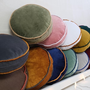 Round Pillows, 30 color pillows, Cover and Insert, Customizable Piping Colors, Velvet round chair pad Cushion, Round Floor Cushion Gift idea image 12