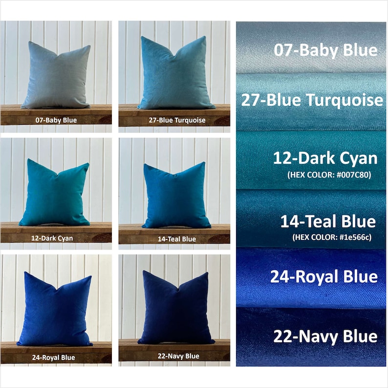 May include: Nine different shades of blue pillow covers, arranged in three rows of three. The pillow covers are made of a soft, textured fabric. The colors range from light blue to dark blue. The pillow covers are labeled with their color names and hex codes.