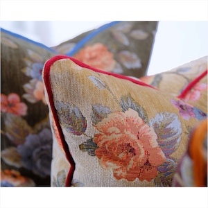 Funda de almohada de tiro con tapiz floral adornado de diseño vintage, funda de almohada decorativa de lujo con ribetes, 30 opciones de ribetes de color, solo funda imagen 7