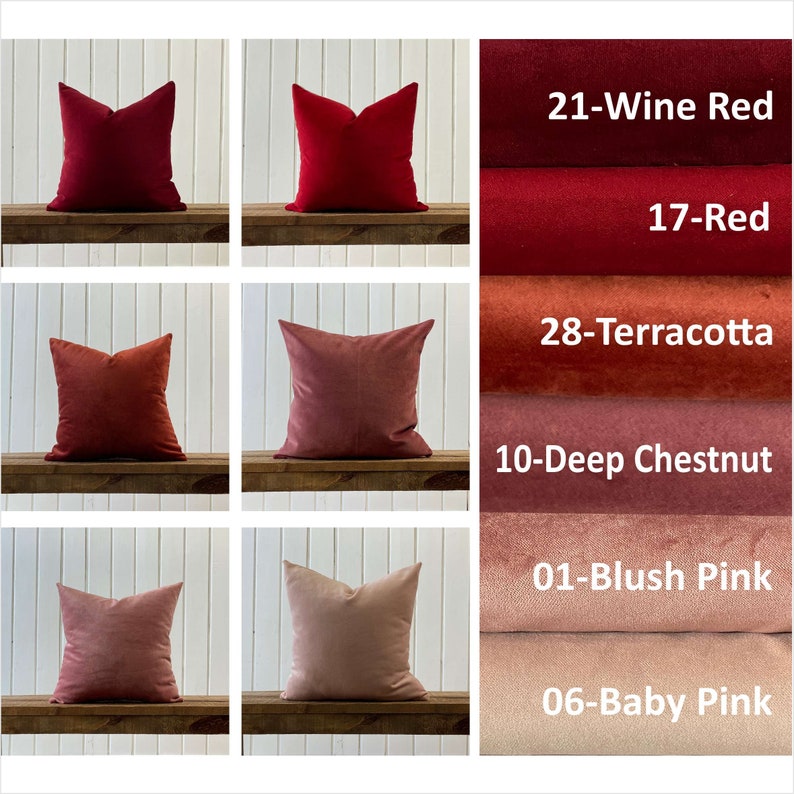 May include: Six different colored velvet pillow covers, arranged in three rows of two. The colors are wine red, red, terracotta, deep chestnut, blush pink, and baby pink.