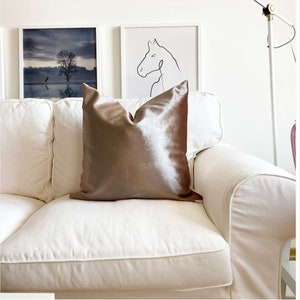 May include: A white couch with a brown velvet pillow. The couch is in a living room with two framed pictures on the wall behind it.