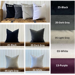 May include: Four different pillow covers in various colors, including black, dark gray, light gray, and white. The pillow covers are arranged in a grid pattern on a wooden surface. The text "25-Black", "20-Dark Gray", "05-Light Gray", "03-White", and "13-Purple" is visible on the image.