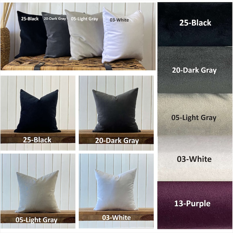 May include: Four different pillow covers in various colors, including black, dark gray, light gray, and white. The pillow covers are arranged in a grid pattern on a wooden surface. The text "25-Black", "20-Dark Gray", "05-Light Gray", "03-White", and "13-Purple" is visible on the image.