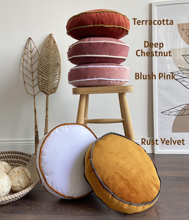 Cuscini rotondi, 30 colori disponibili, fodera e imbottitura incluse, bordi personalizzabili, cuscino rotondo in velluto per sedia, cuscino rotondo da pavimento immagine 12
