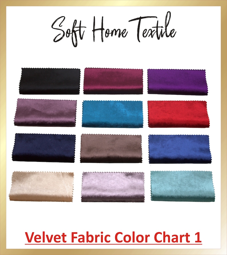Puede incluir: Una carta de colores de 12 muestras de tela de terciopelo. Las muestras est&aacute;n dispuestas en tres filas de cuatro. Los colores incluyen negro, burdeos, morado, malva, azul verdoso, rojo, azul marino, marr&oacute;n, azul real, beige, lavanda y azul verdoso.