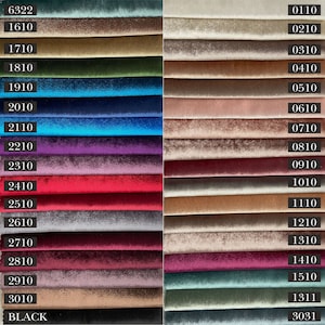 May include: A swatch card with 31 fabric samples in various colors, including teal, green, blue, purple, red, gray, brown, pink, and beige. The fabric samples are labeled with numbers from 6322 to 3031, and the last sample is labeled "BLACK".
