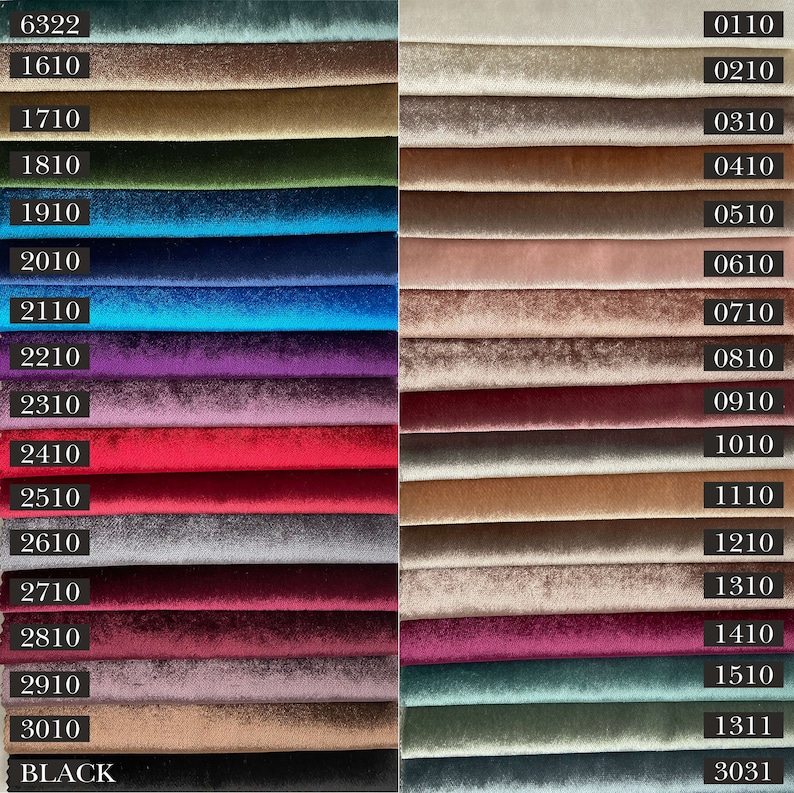 May include: A swatch card with 31 fabric samples in various colors, including teal, green, blue, purple, red, gray, brown, pink, and beige. The fabric samples are labeled with numbers from 6322 to 3031, and the last sample is labeled "BLACK".