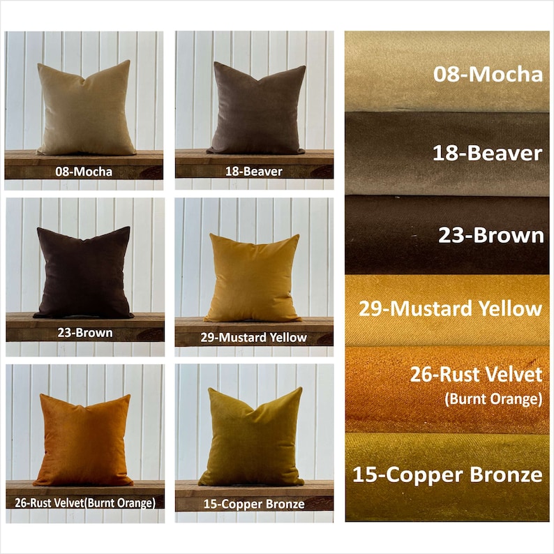 May include: A set of 10 throw pillow covers in various shades of brown, yellow, and orange. The pillow covers are made of velvet and have a soft, luxurious feel. The colors are labeled with numbers and names, such as 08-Mocha, 18-Beaver, 23-Brown, 29-Mustard Yellow, 26-Rust Velvet (Burnt Orange), and 15-Copper Bronze.