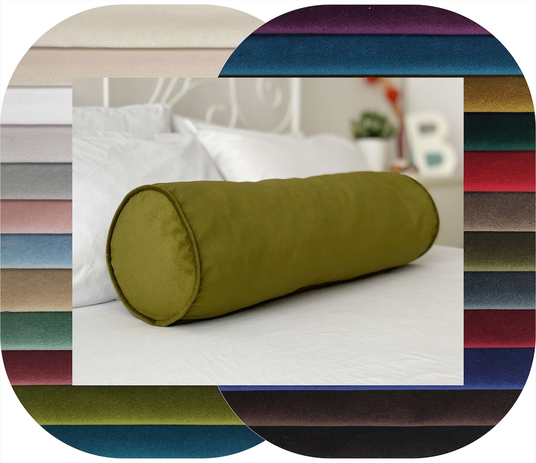 Green Velvet Bolster Pillow Cover, Velvet Bolster Pillows in 30 Different Colors and Sizes, Sofa